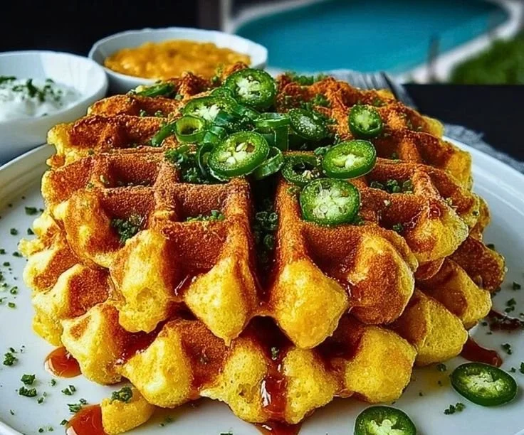 Golden, fluffy cornbread waffles served with syrup and butter