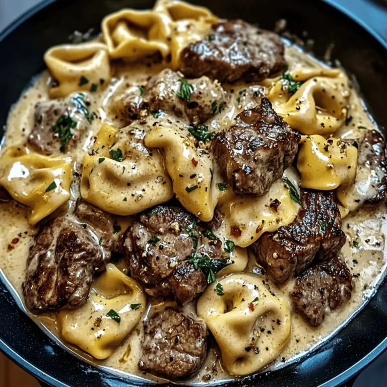 Cracked Garlic Steak Tortellini dish garnished with herbs