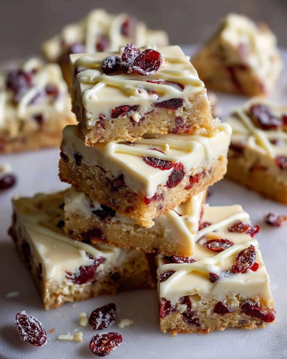 Delicious Cranberry Bliss Bars topped with cream cheese frosting and cranberries