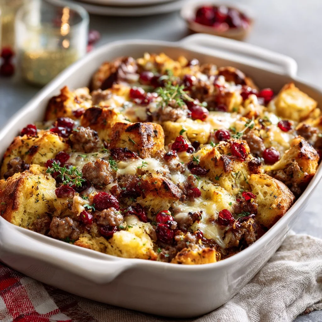Cranberry Sausage Casserole with stuffing in a baking dish