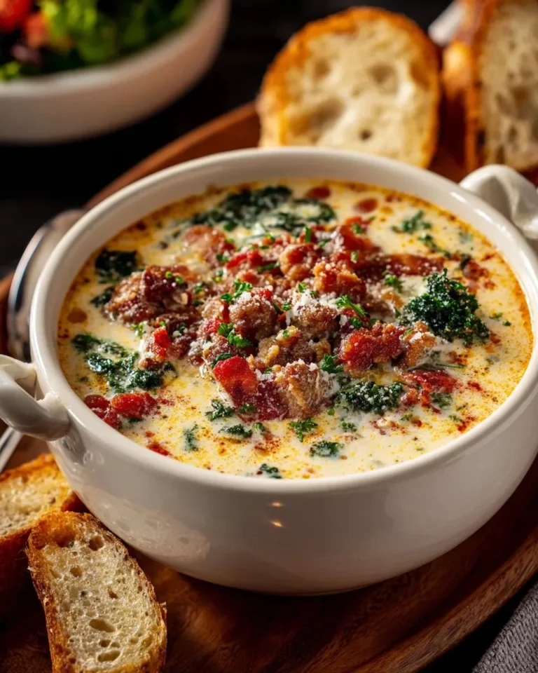 Bowl of creamy Tuscan soup with fresh ingredients and herbs.