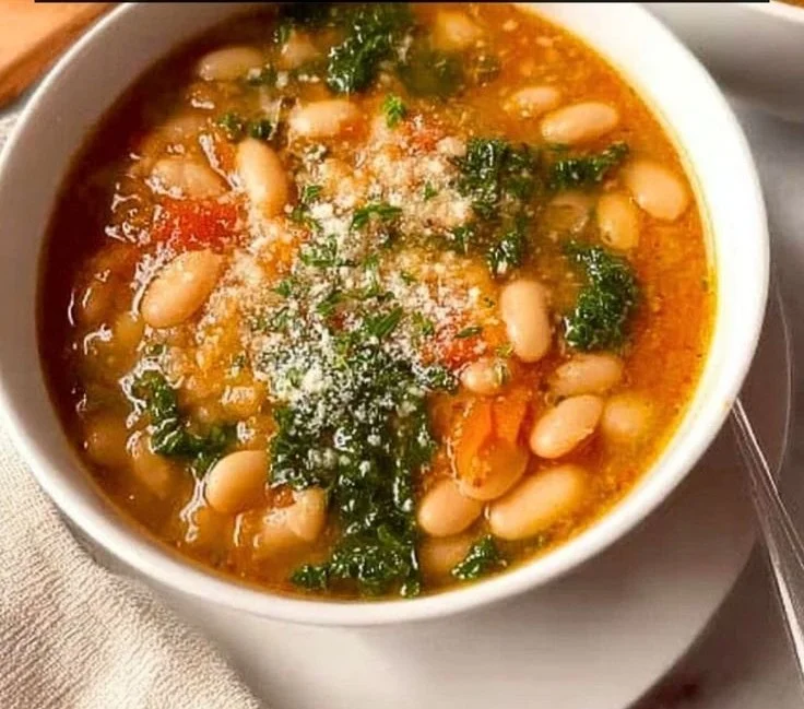 Creamy white bean and greens soup in a rustic bowl with ingredients surrounding it.
