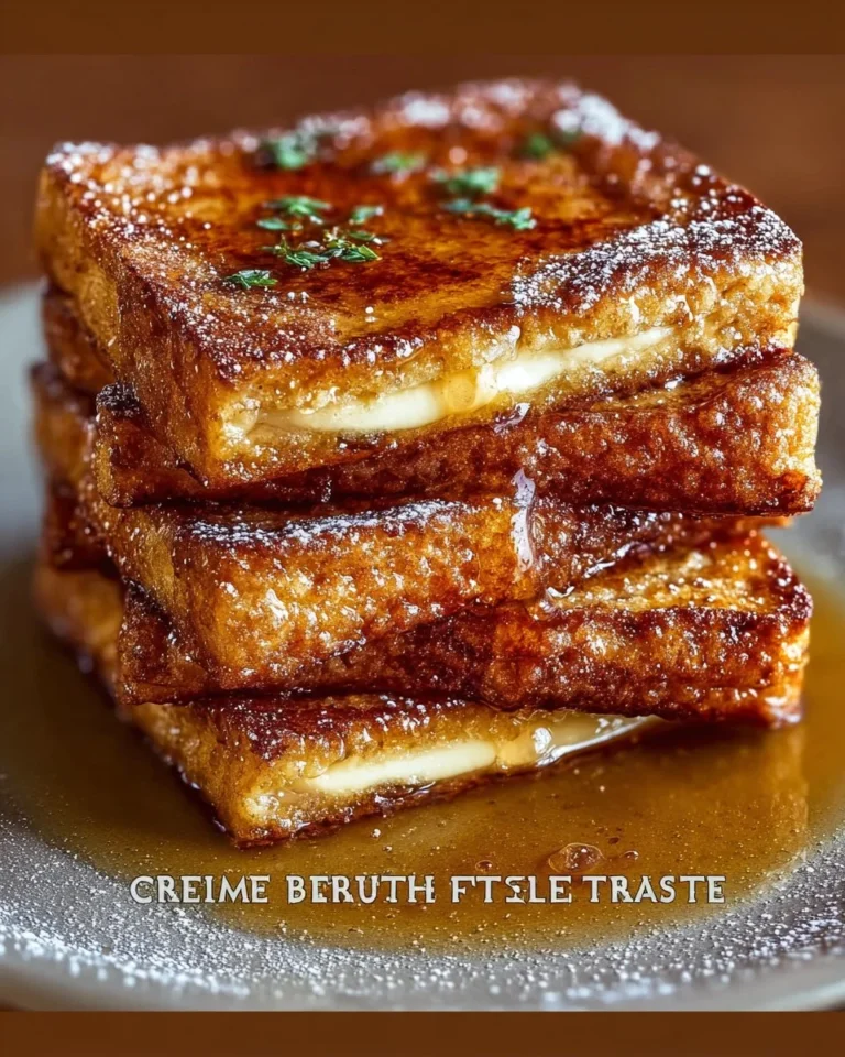 Plate of Crème Brûlée French Toast topped with caramelized sugar and fresh berries