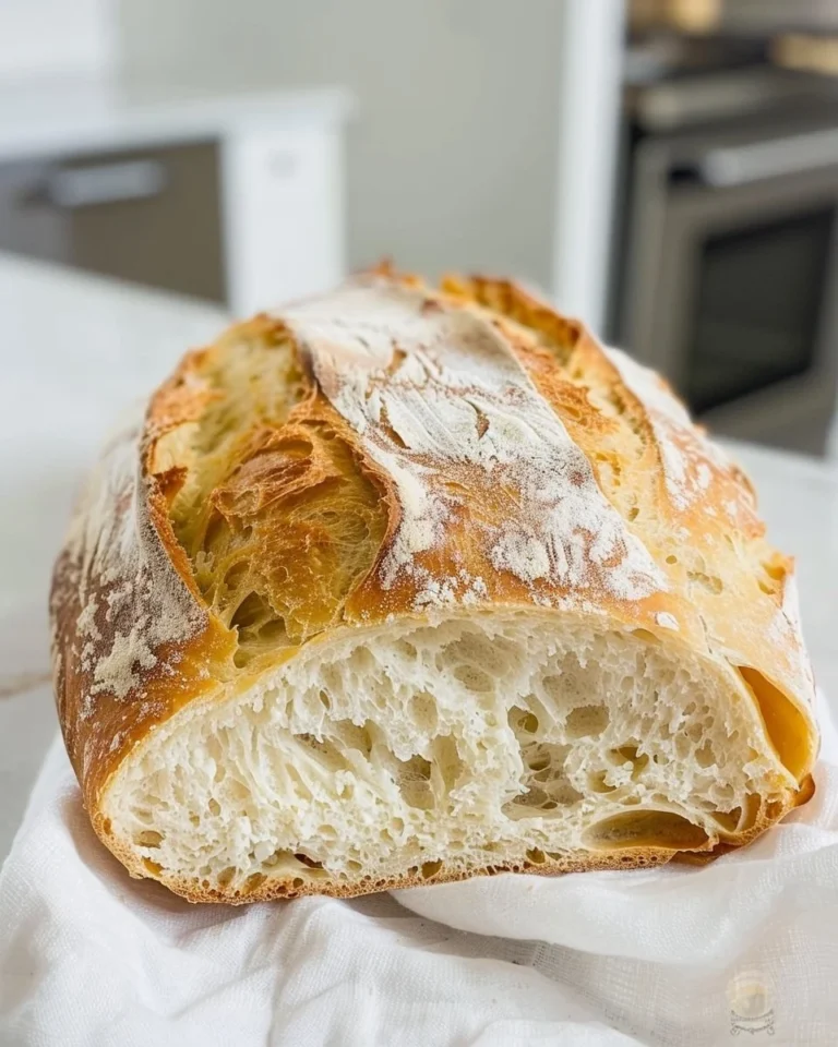 Freshly baked crusty artisan bread loaf on a wooden table.