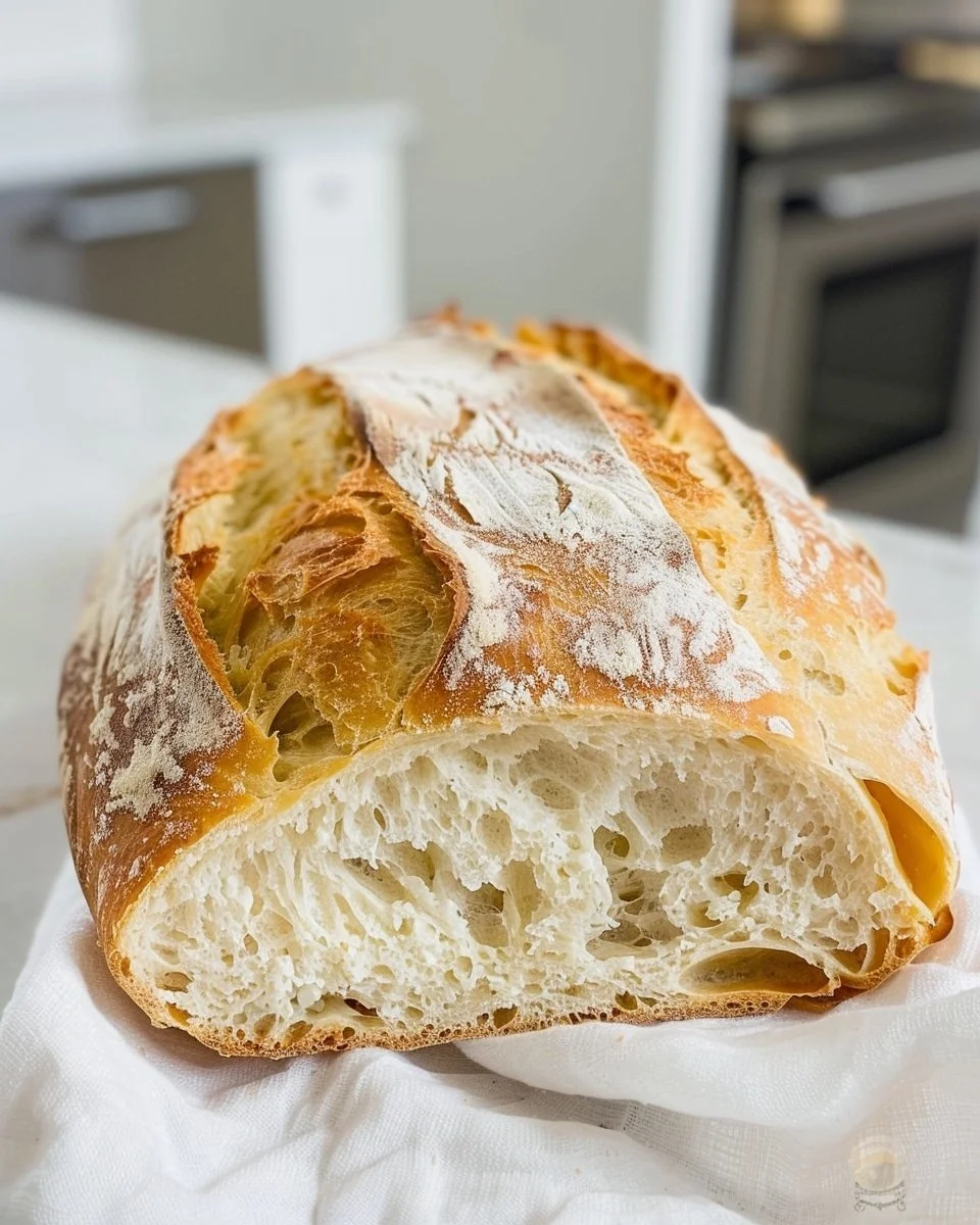 Freshly baked crusty artisan bread loaf on a wooden table.