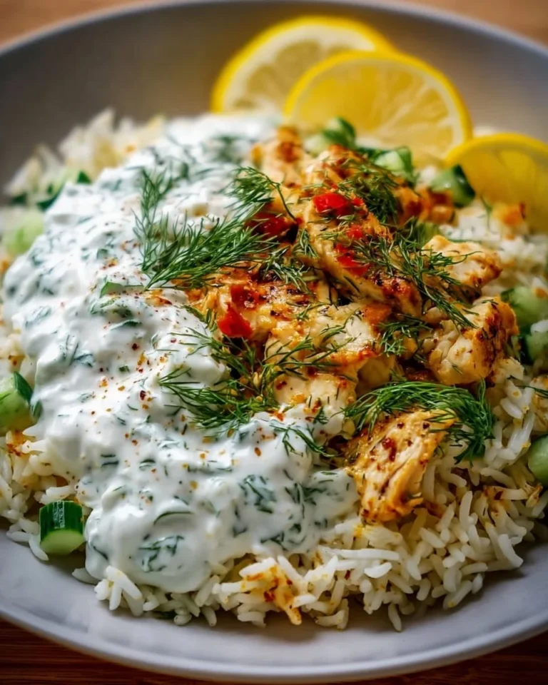 Bowl of Dump-and-Bake Chicken Tzatziki Rice topped with fresh tzatziki sauce