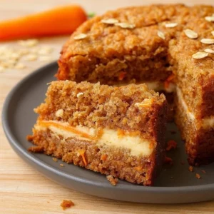 Slice of easy flourless oatmeal carrot cake with carrots and oats