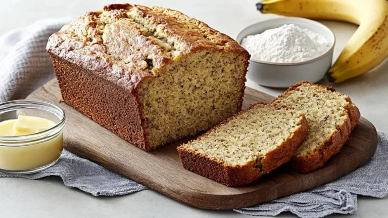 Easy and moist banana bread loaf with sliced bananas on top