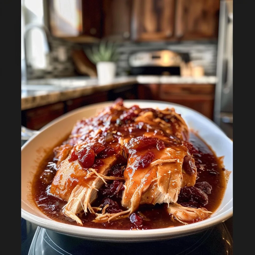 Easy cooker cranberry chicken dish served on a plate