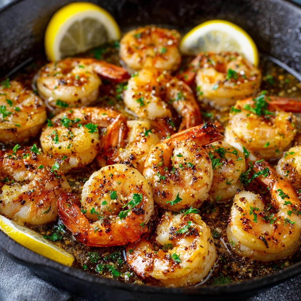 Plate of garlic butter shrimp garnished with parsley and lemon.
