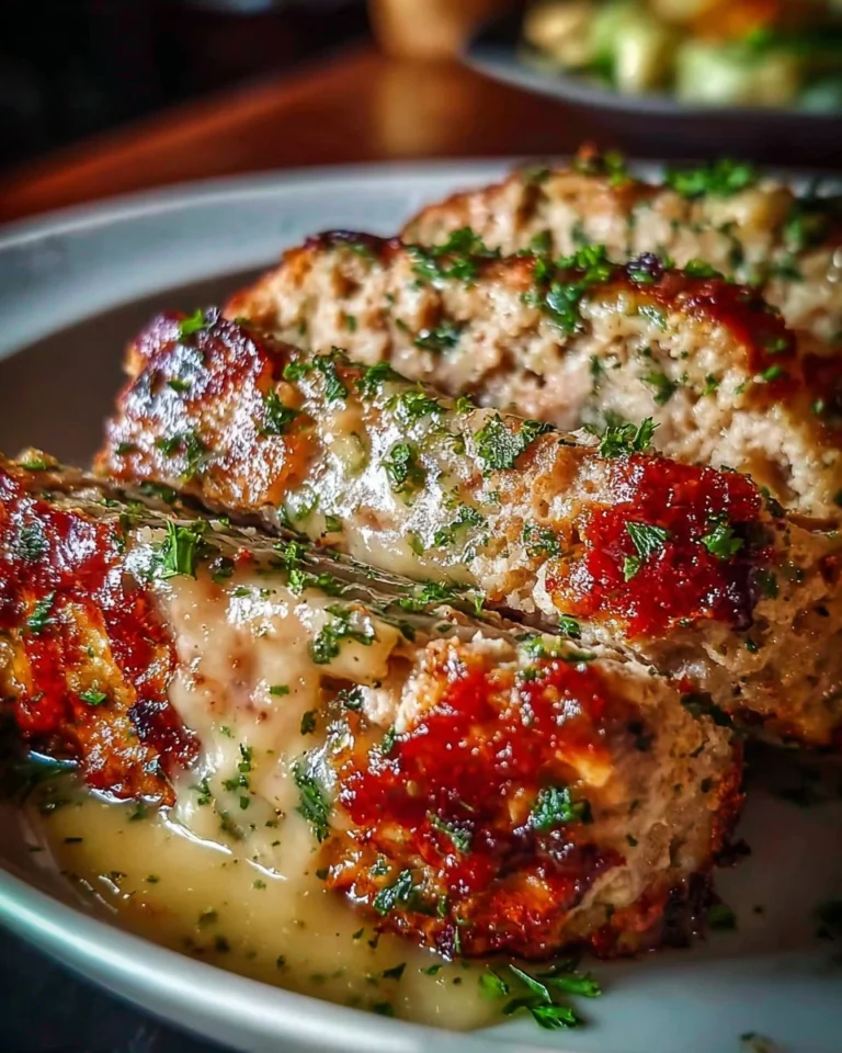 Garlic Parmesan Chicken Meatloaf served on a plate with herbs