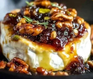 Gooey baked brie topped with sweet fig jam, served warm and bubbly