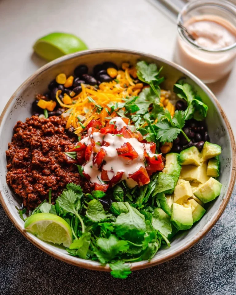 Delicious Ground Beef Taco Bowl with fresh toppings and vibrant ingredients.