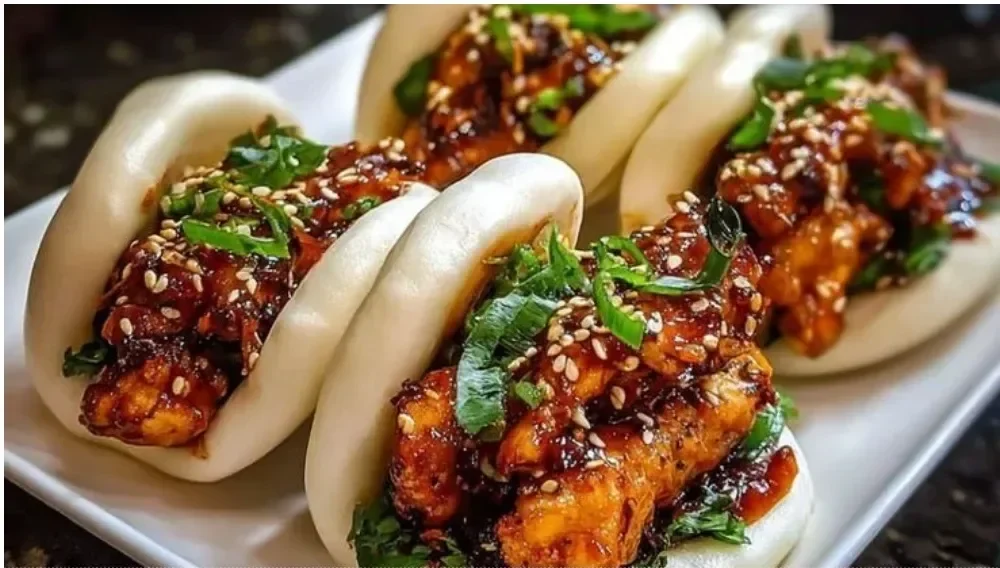 Delicious Korean Chicken Bao Buns filled with spicy chicken and served warm