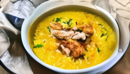 Bowl of Lemon Ginger Turmeric Chicken and Rice Soup garnished with fresh herbs
