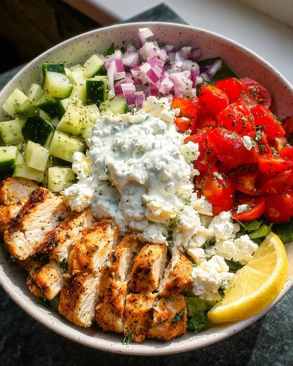 Lemon Herb Chicken Bowls served with fresh tzatziki sauce and vegetables