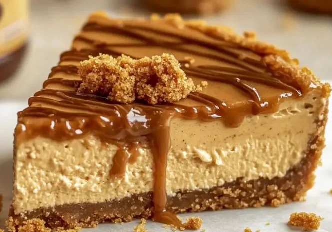 No-Bake Biscoff Cheesecake topped with Biscoff cookies and caramel sauce