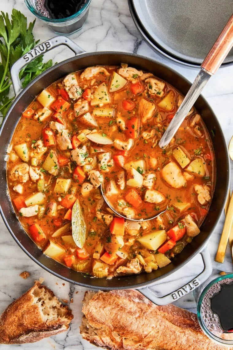 Delicious one pot chicken stew with vegetables in a savory broth