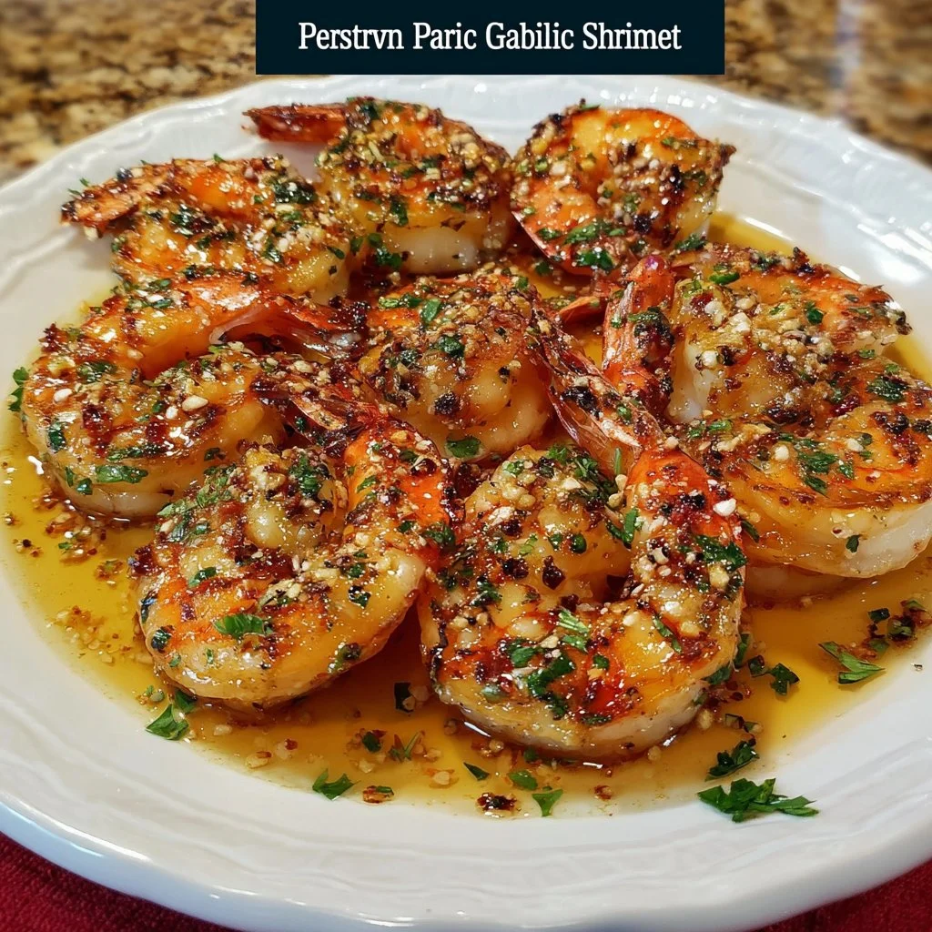 Oven-baked garlic shrimp garnished with herbs and lemon on a plate.