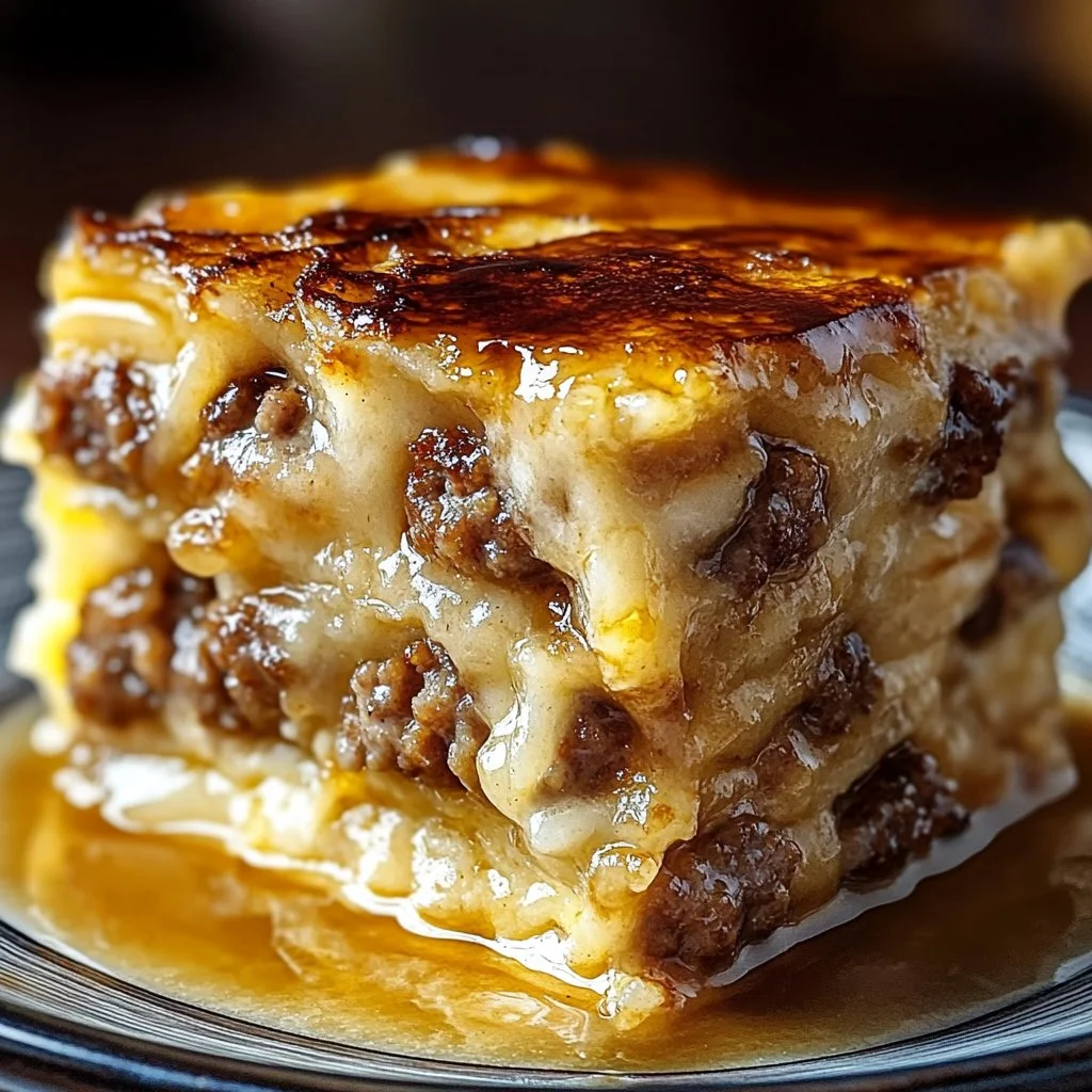Delicious Pancake Sausage Casserole served in a baking dish with syrup drizzle.
