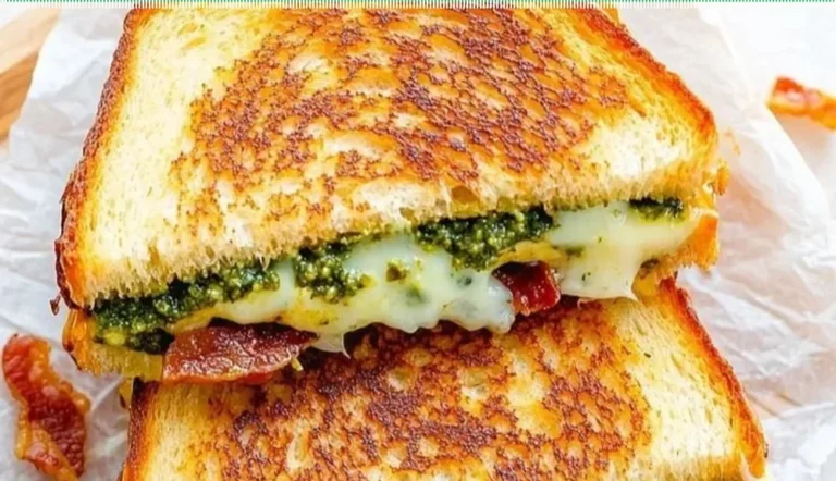 Delicious Pesto Grilled Cheese sandwich with melted cheese and fresh basil pesto