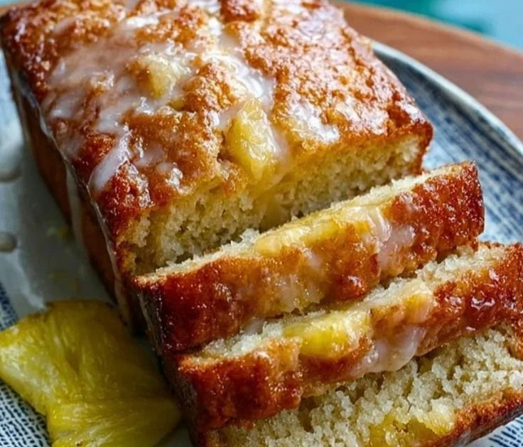 Loaf of freshly baked pineapple bread served on a wooden table.