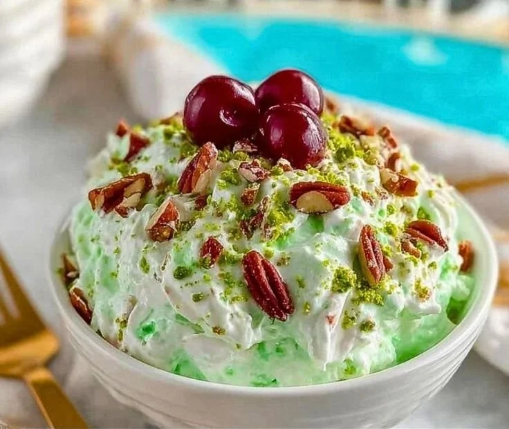 Delicious bowl of Pistachio Dessert Salad with nuts and creamy texture