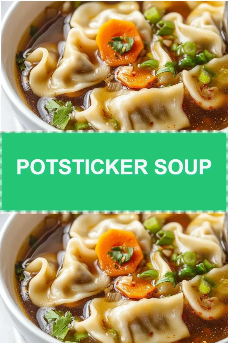 A bowl of steaming Potsticker Soup with dumplings and fresh herbs