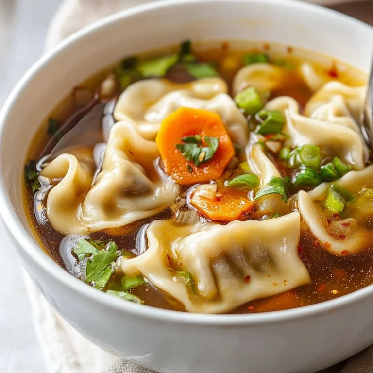 Bowl of homemade Potsticker Soup with dumplings and vegetables