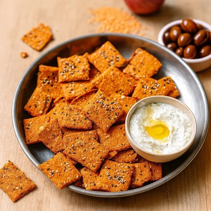 A plate of crispy red lentil crackers served with dips.