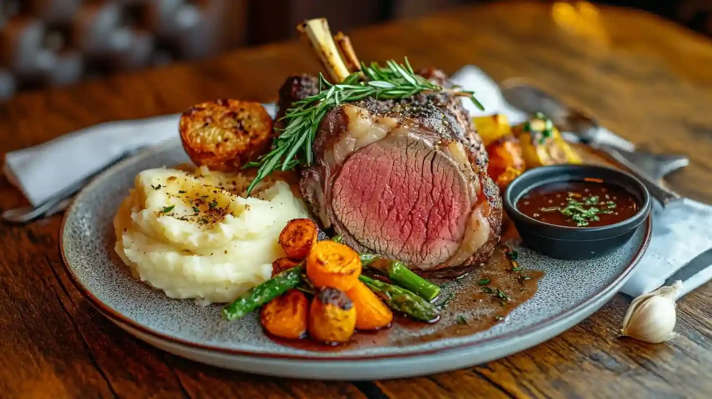 A perfectly roasted ribeye steak, garnished and ready to serve.