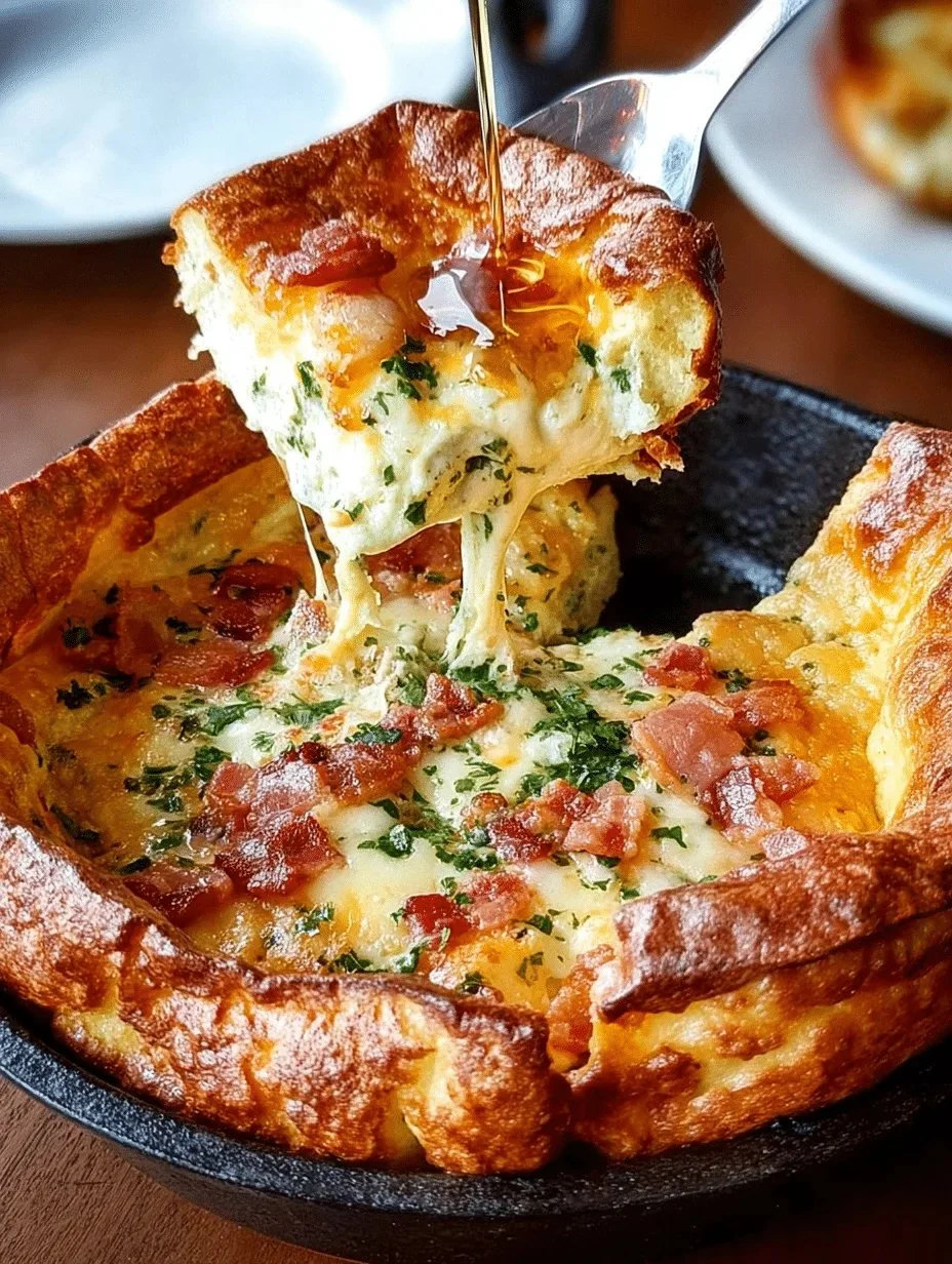 Savory cheddar bacon Dutch baby served in a skillet