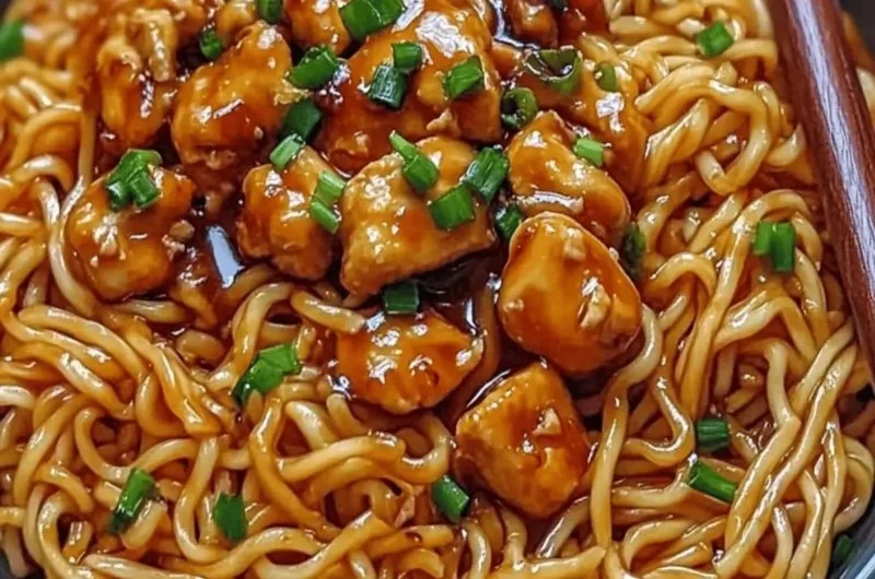 Plate of savory sticky garlic chicken noodles garnished with green onions