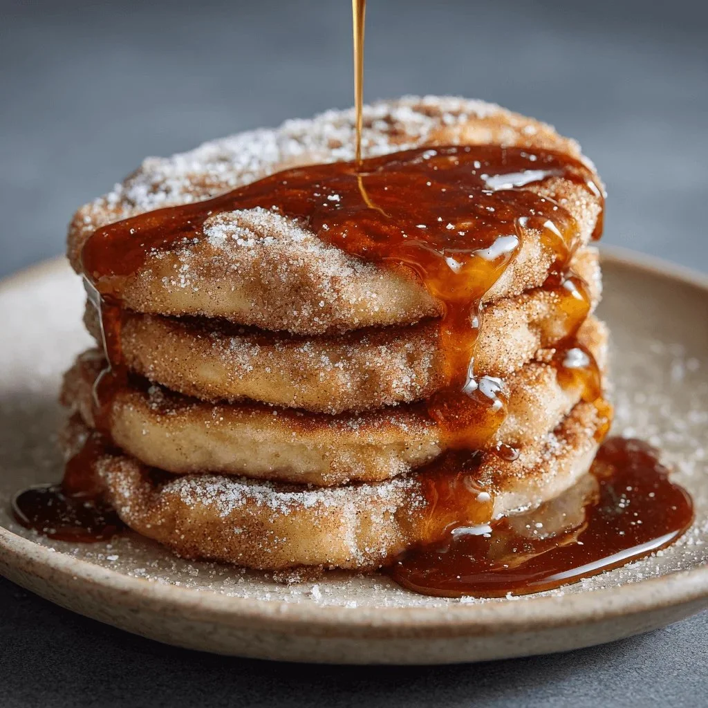 Fluffy churro pancakes drizzled with chocolate sauce and dusted with cinnamon sugar