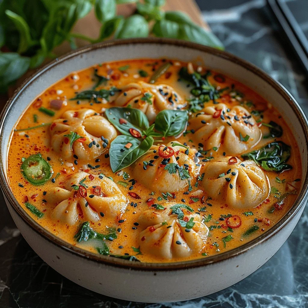 Bowl of Thai curry dumpling soup with spices and fresh herbs