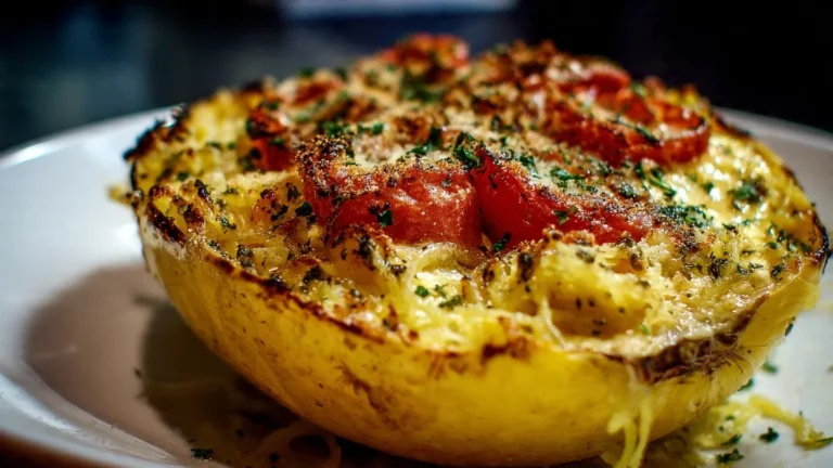 Tomato-Pesto Baked Feta Spaghetti Squash topped with fresh herbs and cheese