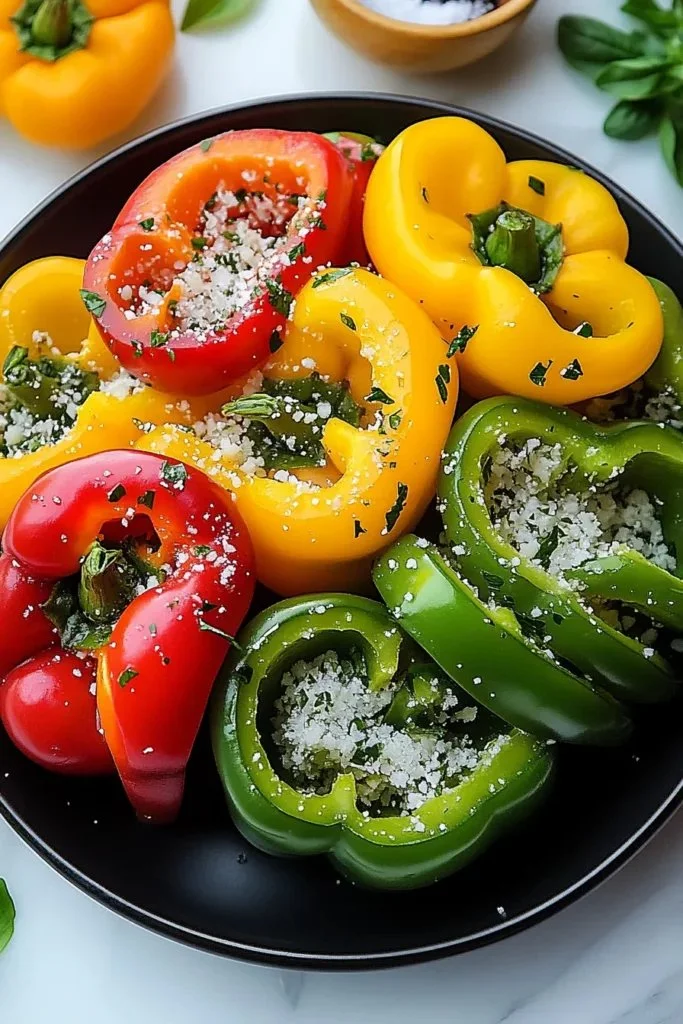 Tricolor bell pepper salad with red, yellow, and green peppers in a bowl