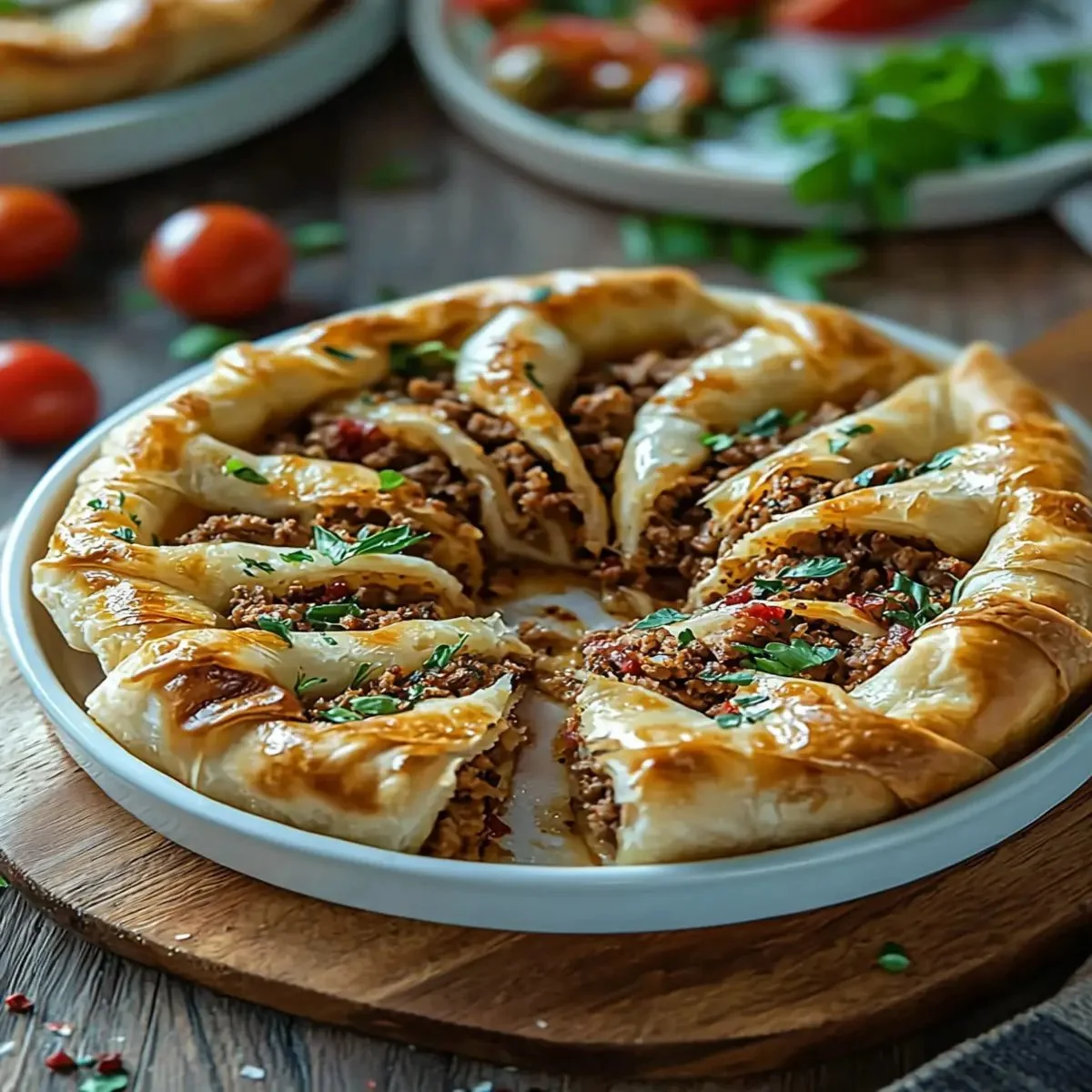 Delicious Turkish Borek pastry served with fillings of cheese and herbs.