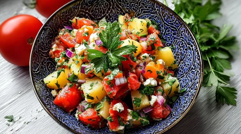 A colorful bowl of traditional Turkish Potato Salad with herbs and spices.
