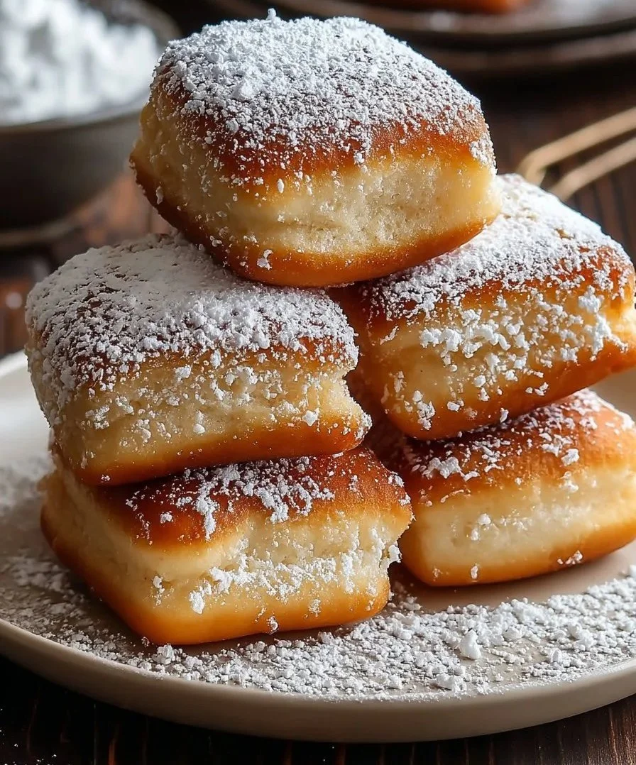 Fluffy Vanilla French Beignets dusted with powdered sugar on a plate.