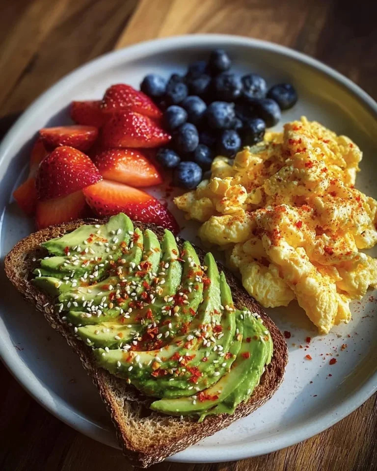 Avocado toast power plate with fluffy eggs and fresh berries served on a plate.