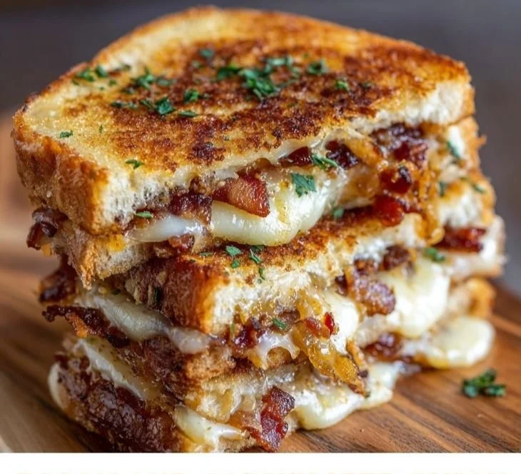 Bacon and caramelized onion grilled cheese sandwich with melted cheese
