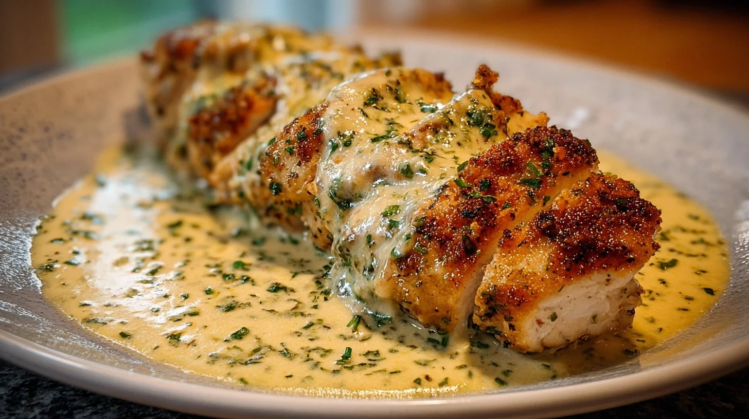 Baked Caesar Chicken topped with Creamy Parmesan Sauce on a plate