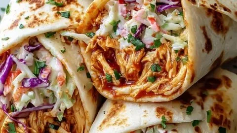 BBQ chicken coleslaw wraps served on a plate, garnished with fresh ingredients.