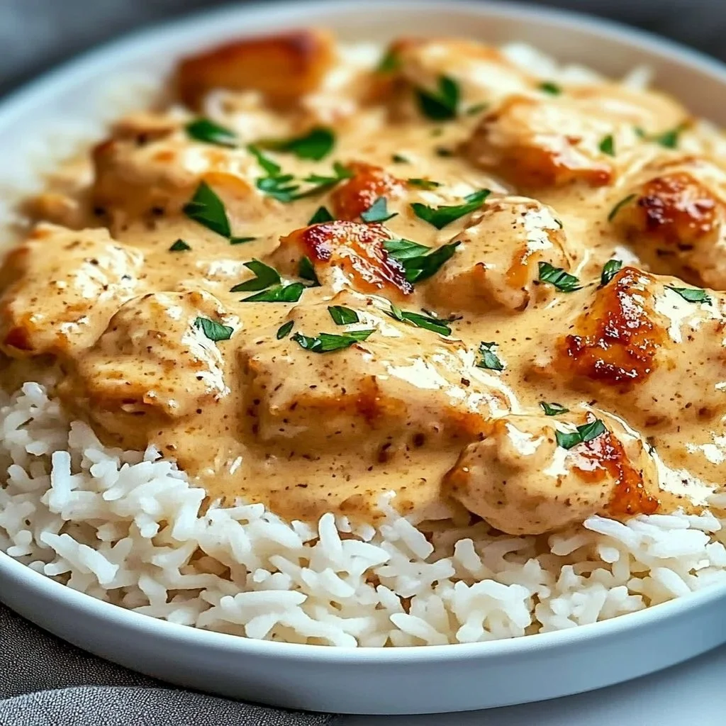 Delicious plate of smothered chicken served with rice and gravy