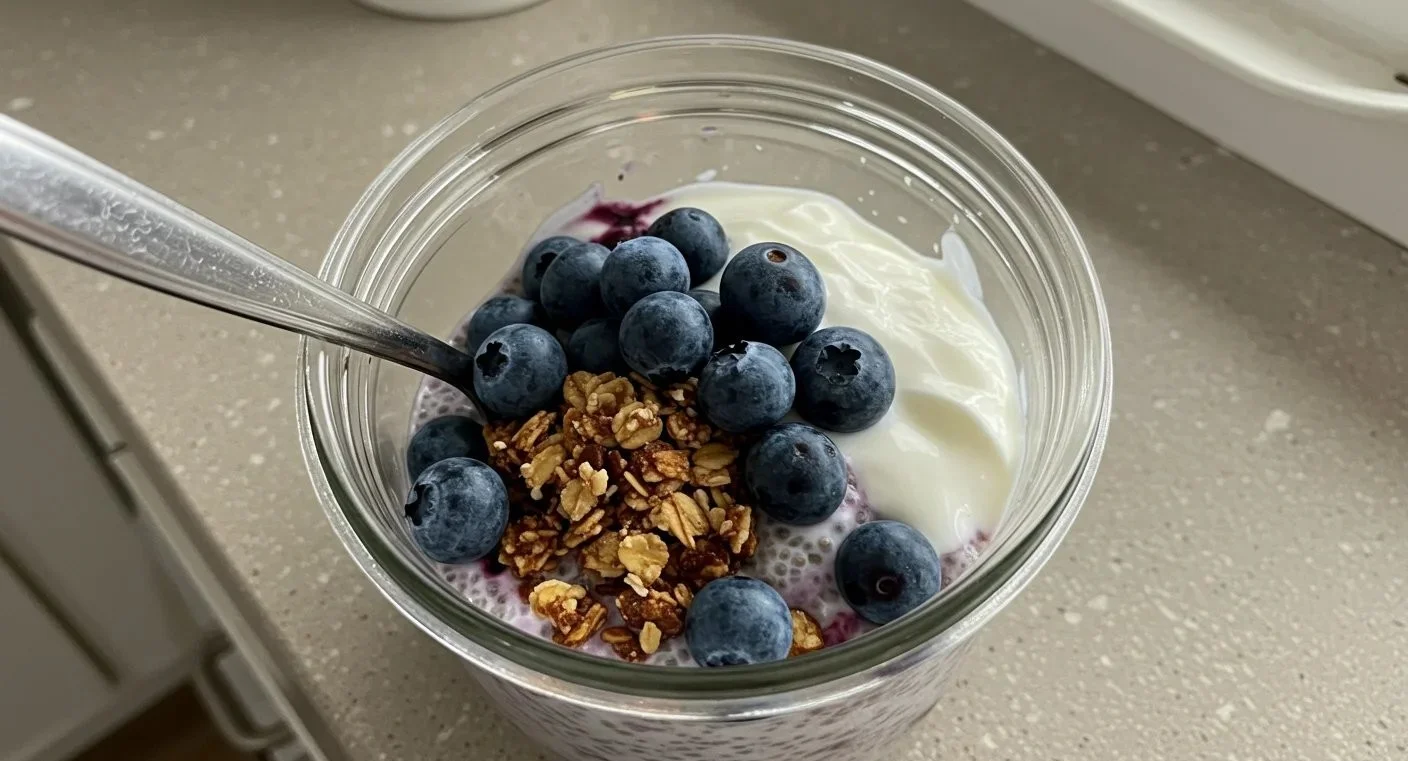 Healthy Blueberry Chia Breakfast Bowl with protein and low calories