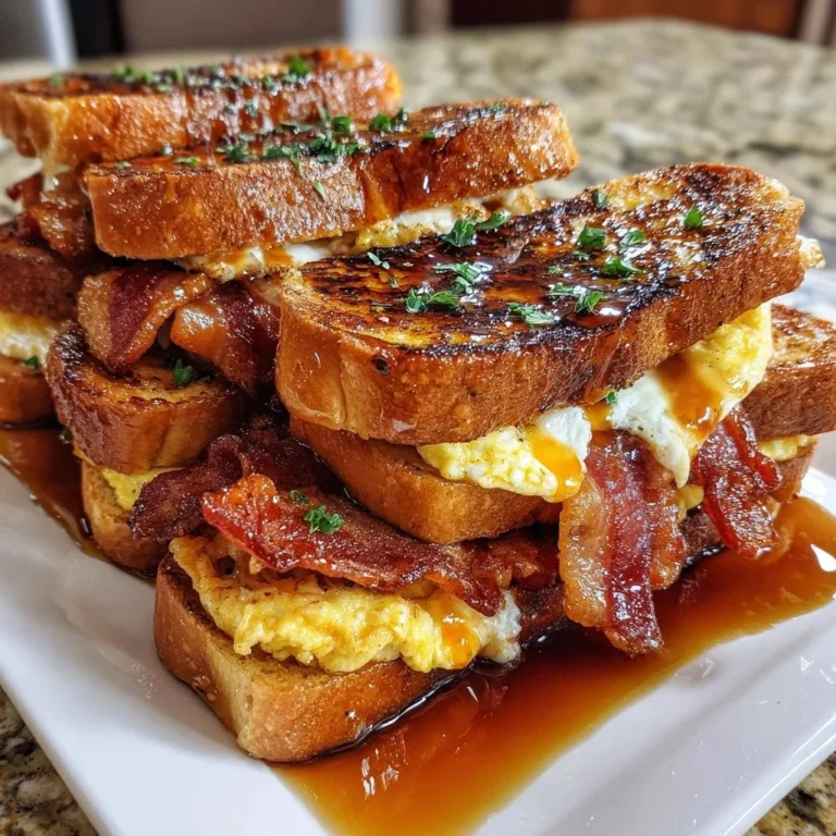 Bourbon Maple Bacon Stuffed Toast topped with maple syrup and crispy bacon