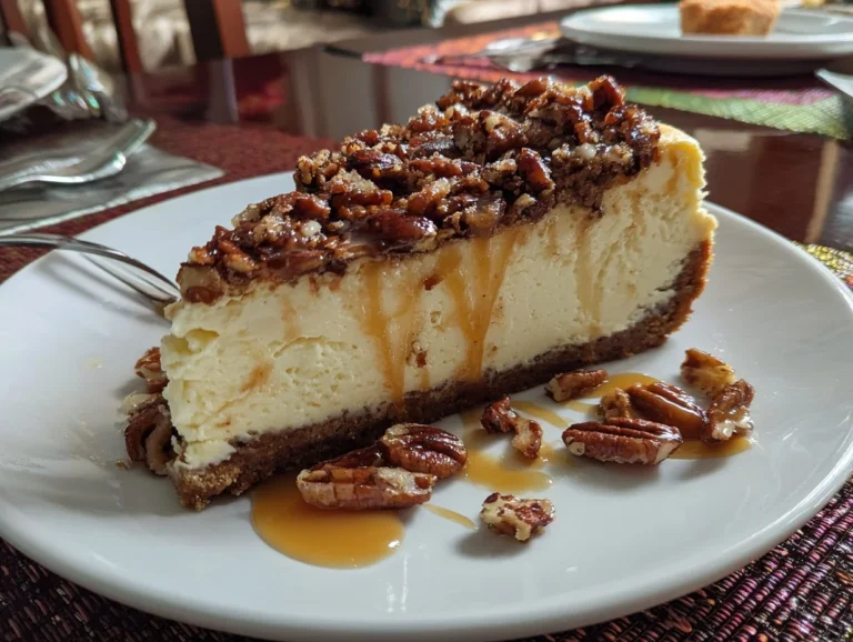 Delicious butter pecan cheesecake topped with caramel and pecans