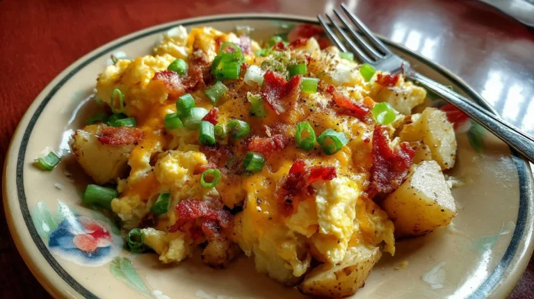 Delicious cheesy potato egg scramble served on a plate