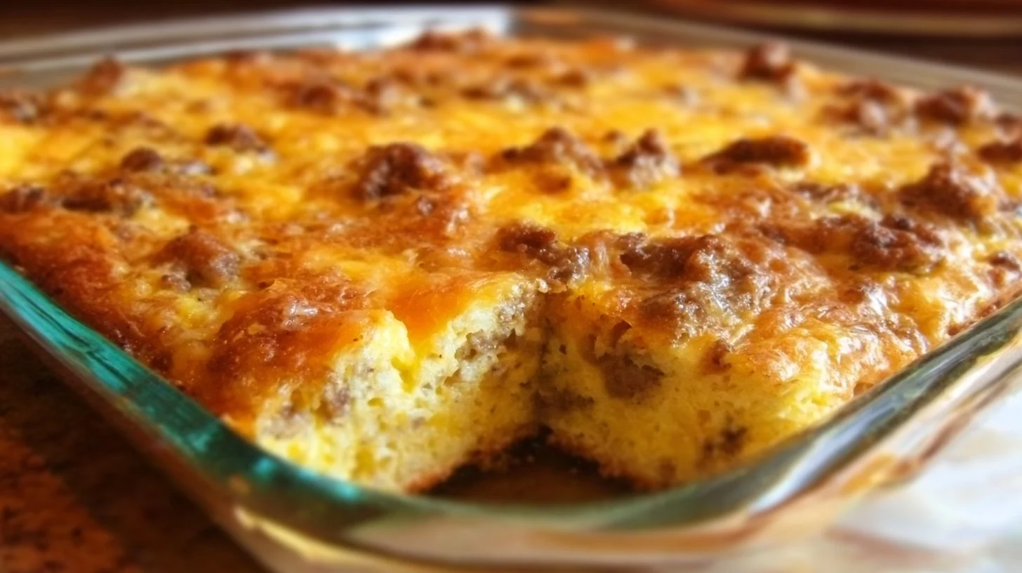 Cheesy sausage breakfast casserole baked and served in a dish